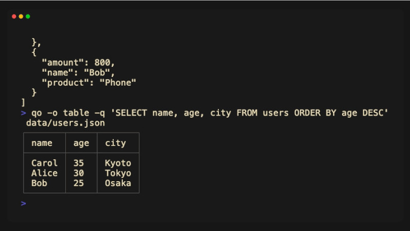 🔳 Say goodbye to awk, Python scripts, or importing data into a database. Query JSON, CSV, and TSV Files Using SQL in the Terminal