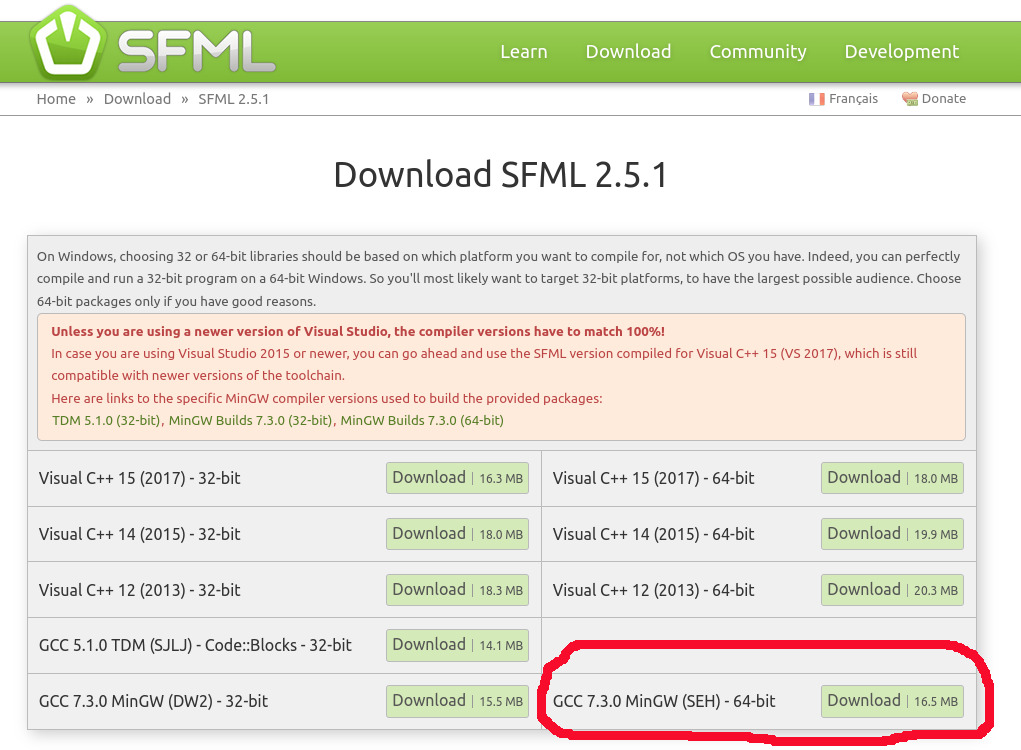 SFML 2.5.1 download page